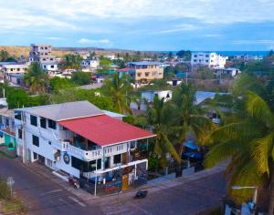 an aerial view of a town with buildings and palm trees at The Island Home in Puerto Ayora +9 photos