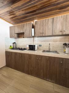 a kitchen with wooden cabinets and a sink at Cabaña Kokkos Del Mar in Santa Marta