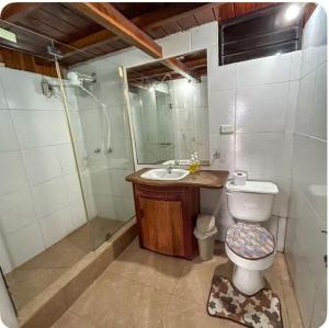a bathroom with a toilet and a sink and a shower at Casa vacacional Tena Archidona in Tena