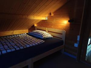 a room with a bed in a sauna at Ferienhaus Mit Blick auf die Müritz in Rechlin