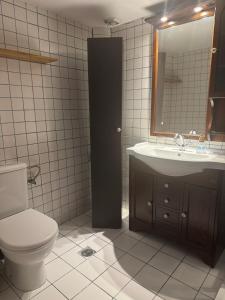 a bathroom with a toilet and a sink and a mirror at Moraitis Studios in Skiros