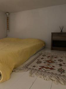 a bedroom with a bed and a rug on the floor at Moraitis Studios in Skiros
