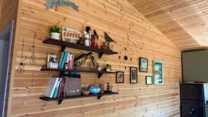 a room with wooden walls with shelves and books at Tianeti Apple Cottages in Churchelaurebi
