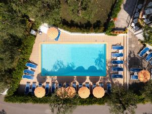 an overhead view of a swimming pool with parked cars at Hotel Garden Limone in Limone sul Garda