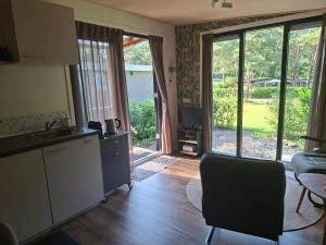 a kitchen with a view of a yard at Egelantier in Zuidwolde