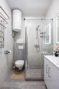 a bathroom with a shower with a toilet and a sink at Fayna Town Comfort #173 in Kyiv +18 photos
