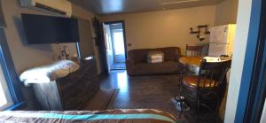 a living room with a couch and a tv at "Rustic Getaway A Charming & Cozy Cottage for Two or Four!" in Geneva