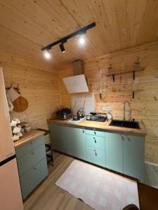 a kitchen with blue cabinets and wooden walls at Chalet Marta in Kobuleti +21 photos