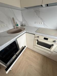 a kitchen with a sink and a stove and a sinkessment at Greta Apartment in Alytus
