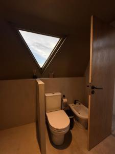 a bathroom with a toilet and a skylight at Glamping Astrapia - Cafayate in Cafayate