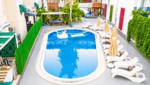 an image of a swimming pool with chairs and a swan at Casa Blue Hotel All Inclusive in Bodrum City +24 photos