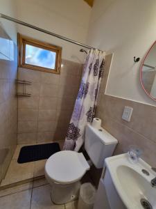 a small bathroom with a toilet and a sink at Cabaña de Mia in Villa Traful
