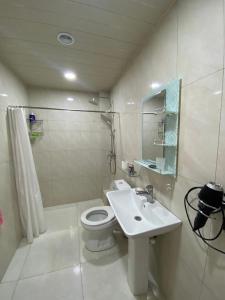 a bathroom with a toilet and a sink and a shower at Tsaghkadzor Family Rest in Tsaghkadzor