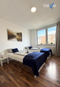 two beds in a room with two windows at BEGE APARTMENTS WorkPoint in Dorsten