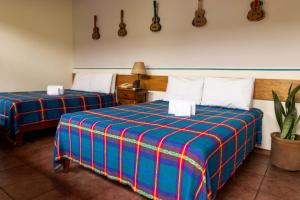 two beds in a room with guitars on the wall at Arbol de Fuego Eco-hotel in San Salvador