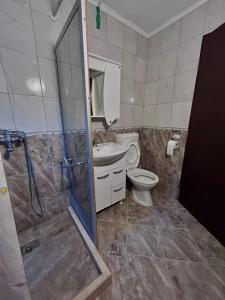 a bathroom with a shower and a toilet and a sink at Sobe Mračević in Sutorina
