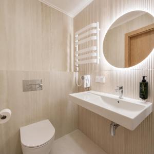 a bathroom with a sink and a toilet and a mirror at Szarotka Łeba - nowe domki blisko plaży in Łeba +34 photos