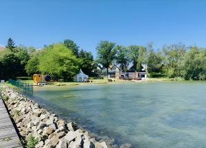 a view of a river with houses in the background at Hausboot Emma Blue in Röbel