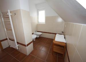 a small bathroom with a toilet and a sink at Haus u8 in Röbel +15 photos