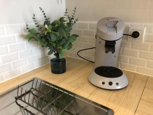 a coffee machine on a counter with a vase of flowers at Garaztegia Studio in Ustaritz