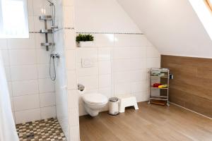 a bathroom with a toilet and a shower at Haus Königsfeld in Hage +32 photos