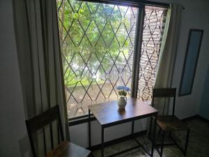 a table with a vase of flowers on it next to a window at Carolina Hostel in San José