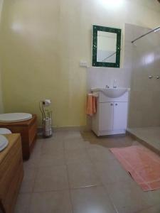 a bathroom with a sink and a toilet and a mirror at Finca Paraiso retiros holisticos in San Clemente +30 photos