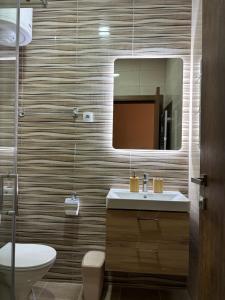 a bathroom with a sink and a mirror and a toilet at Prenoćište Lovac in Prijepolje