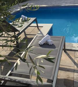 a couple of beds sitting next to a swimming pool at Holiday Home Slap Koćuša in Ljubuški