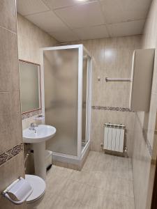 a bathroom with a shower and a toilet and a sink at Hostal La Cigüeña in El Espinar