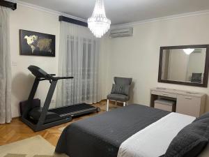 a bedroom with a bed and a treadmill and a desk at Guest House Darka in Bijela