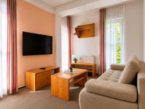 a living room with a couch and a tv at Aparthotel Belveder in Tatranská Lomnica