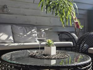 a glass of wine on a table with a plant at Villa Międzyzdroje in Międzyzdroje