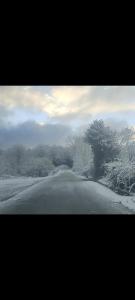 a road covered in snow with trees and clouds at Casa Goyo in Viego +1 photo
