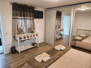 a bedroom with a bed and a large mirror at Casa Luna in Călimăneşti
