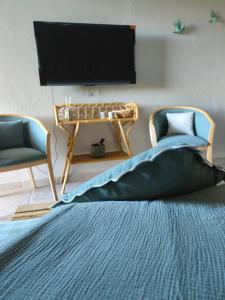 a bedroom with a bed with a tv and two chairs at Le Castelas - Hébergement complet in Aurons