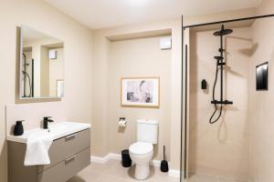 a bathroom with a white toilet and a shower at Westport Selfcatering Suites in Westport +96 photos