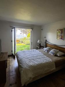 a bedroom with a large bed with a large window at Casona IslaNegra in Isla Negra