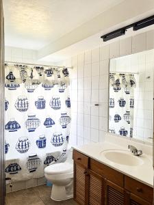a bathroom with a toilet and a sink and a shower curtain at Casona IslaNegra in Isla Negra