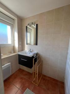 a bathroom with a sink and a mirror at Centre Bourg d'Avoine Cottage in Avoine +15 photos