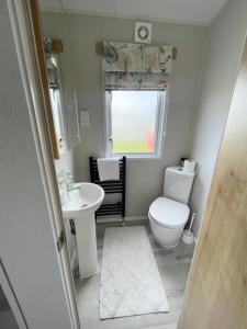 a bathroom with a toilet and a sink and a window at Lakeside Bliss with Fishing Peg and Hot Tub in Tattershall