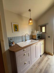 a kitchen with a sink and a microwave at Jacobite Cabin in Inverlochy