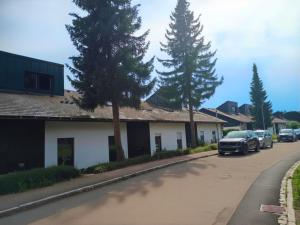 a car parked on a street next to a house at SONNENSEITE Schonach - Private Infrarot-Sauna - Schwarzwald-Panoramablick - 2 separate Schlafzimmer - Ruhige Lage am Waldrand in Schonach