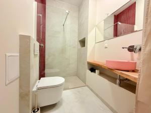 a bathroom with a white toilet and a pink sink at Apartamenty Stara Winiarnia in Wałcz +59 photos