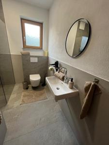 a bathroom with a sink and a mirror and a toilet at Haus Anneliese in Gröbming +41 photos