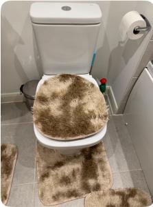 a bathroom with a toilet with a furry seat at Classic Foenix Home in Milton Keynes