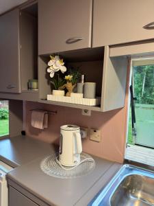 a small kitchen with a coffee maker on a counter at SeaSoul Cottage in Zvejniekciems