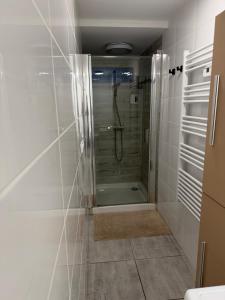 a walk in shower in a bathroom with white tiles at Un bon momentde dente in Bonneville