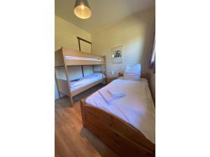 a bedroom with a bed and a bunk bed at Ferienhaus mit Garten, Eschede in Eschede