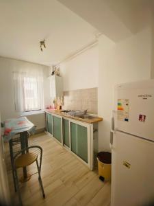a kitchen with a refrigerator and a table in it at Apartament Daniela in Năvodari